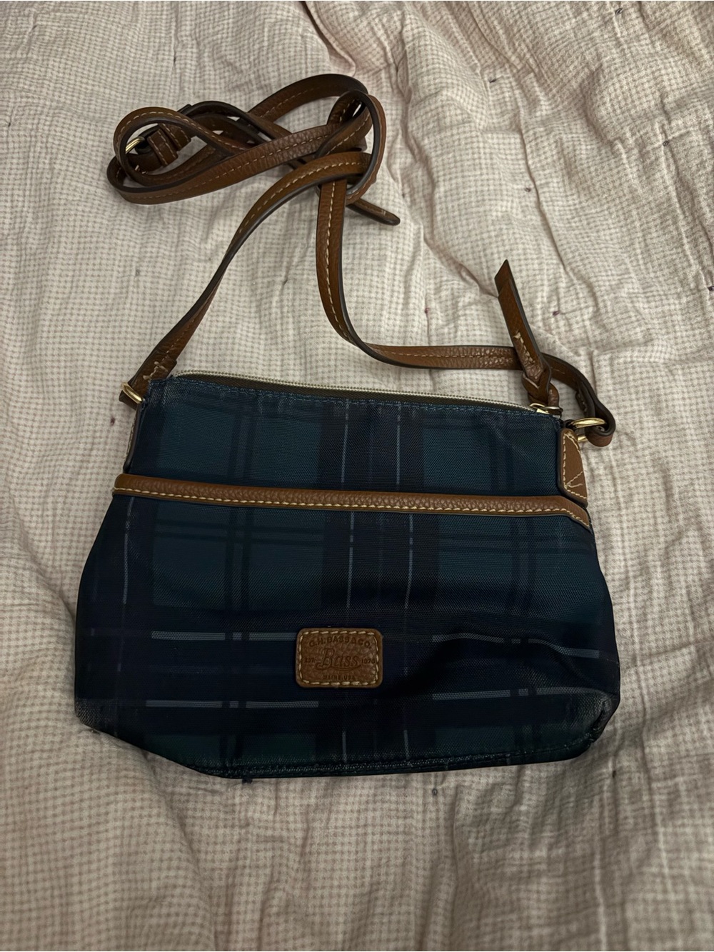 G.H. Bass & Co. Navy Plaid Crossbody with Brown Trim